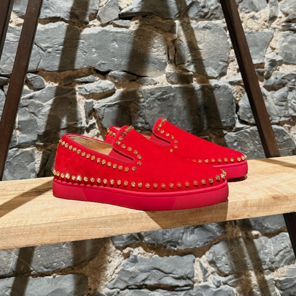 Christian Louboutin Red Suede Pik Boat Spike Slip-on Sneakers